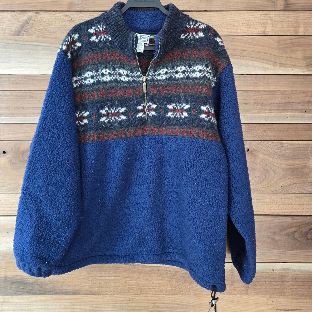 Vintage L.L. Bean Mens Pullover Fleece Aztec Wool Sz M Blue Relaxed Heavyweight
